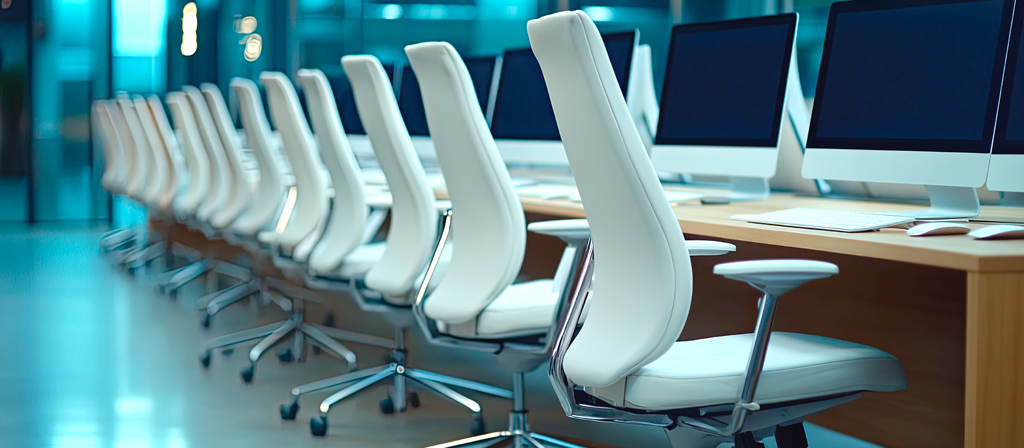 Rows of iMac computers and white chairs in a modern office